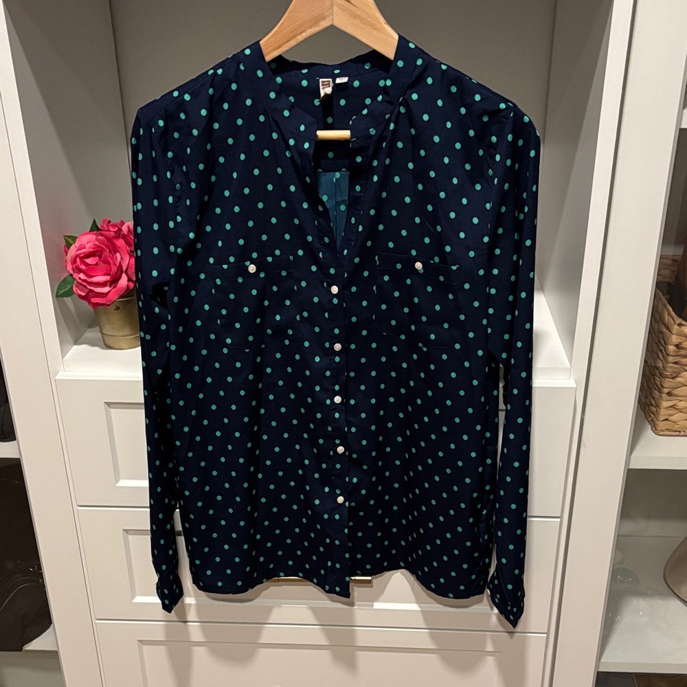 Kut from the Kloth Navy and green Polka Dot Button Down Shirt